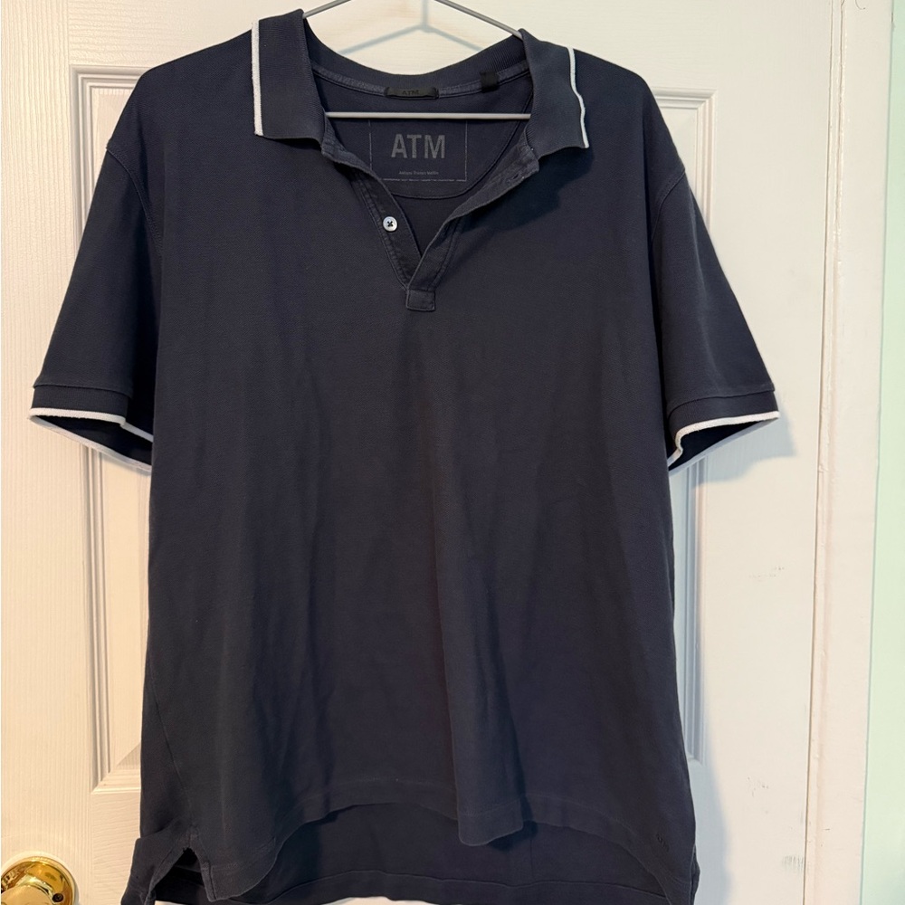 Anthony Melillo ATM Navy Polo Shirt, Short Sleeve Tipped White Accents Sleeves &